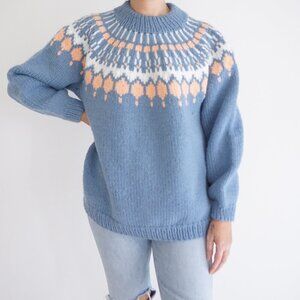 19th Avenue Blue Fair Isle Wool Sweater Peach Cream Knit Retro Cabin Winter L